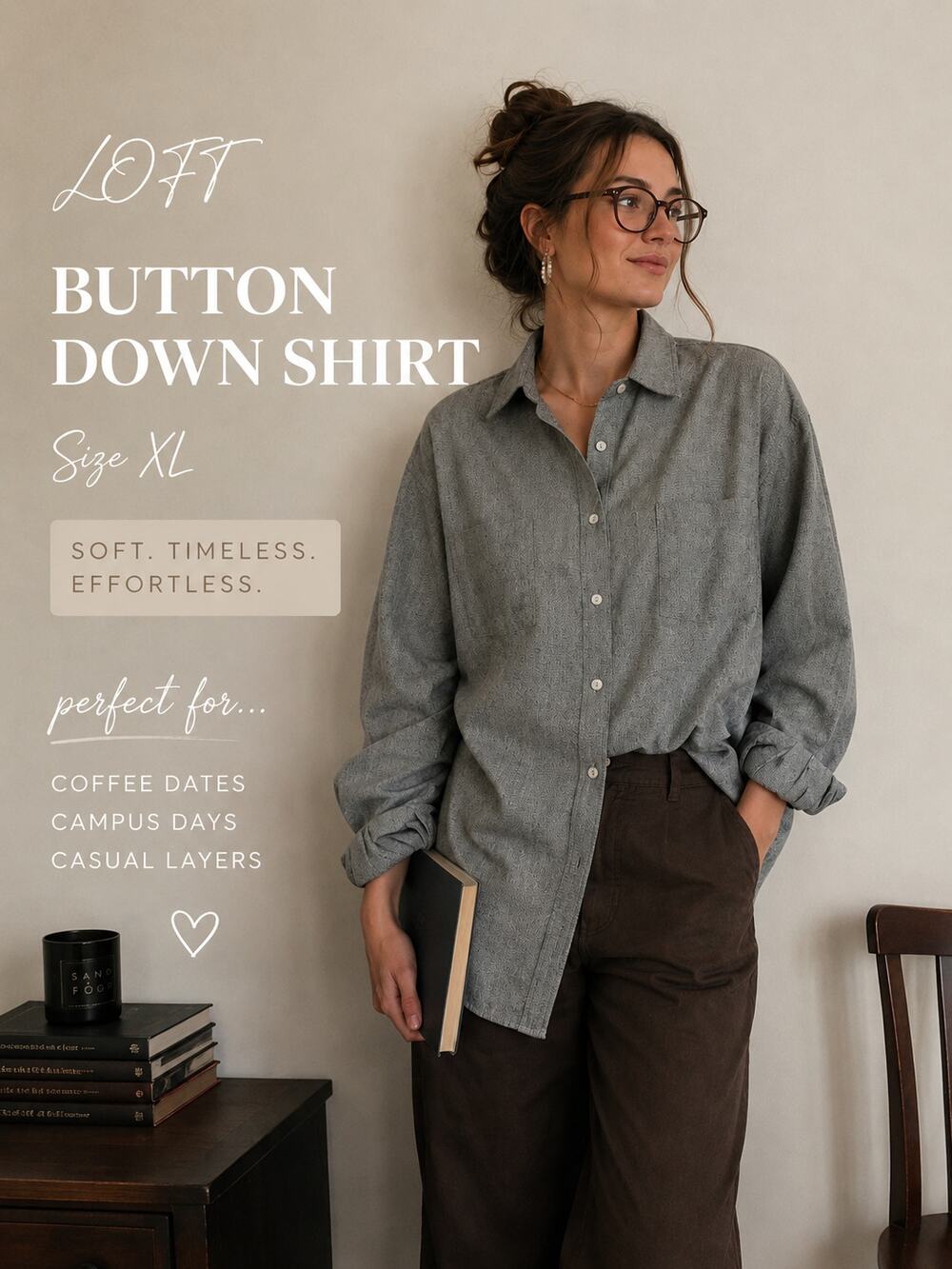 LOFT Button Down Shirt XL Gray Multicolor Fleck Oversized Boyfriend Academia